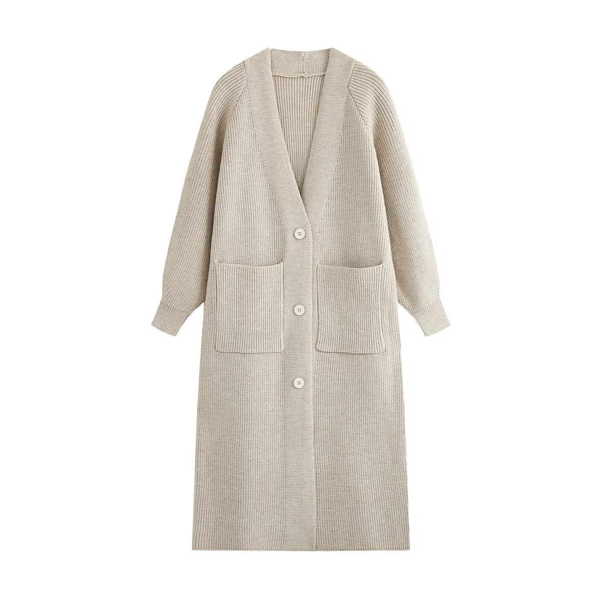 Cardigan long femme en maille côtelée à poches
