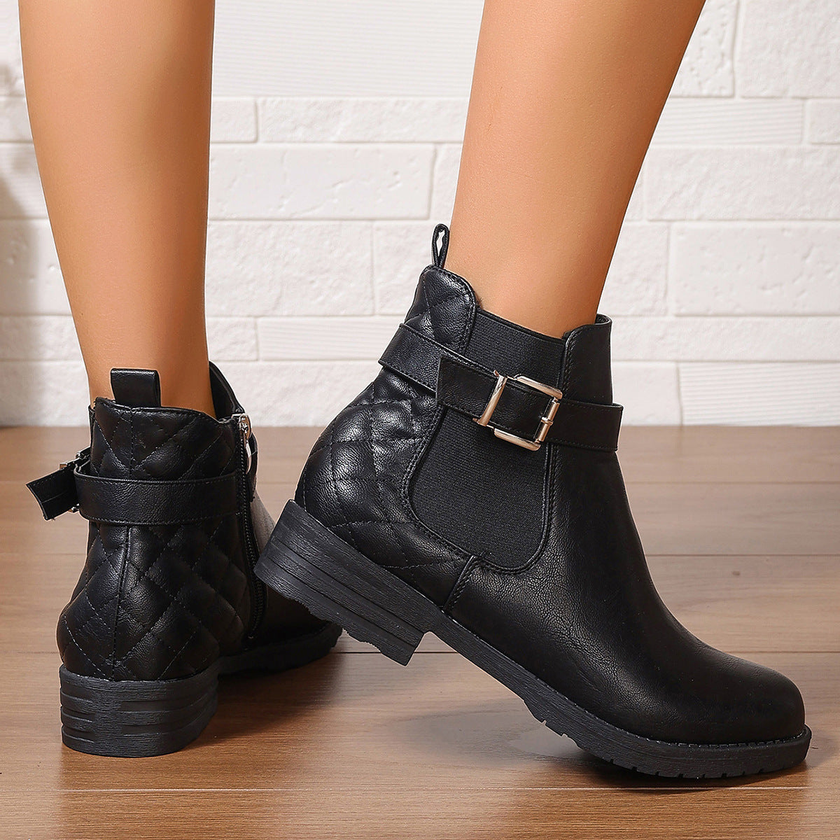 Bottines Courtes Femme Automne Hiver – Talon Bas Confortable, Boucle, Cuir Carreauté