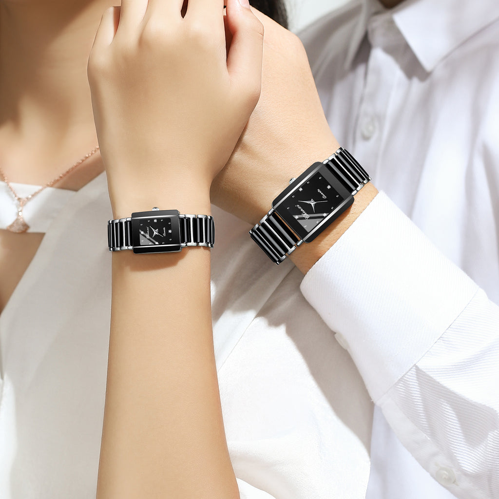 Montre Couple Carrée Céramique Quartz – Homme & Femme, Bracelet Céramique Élégant