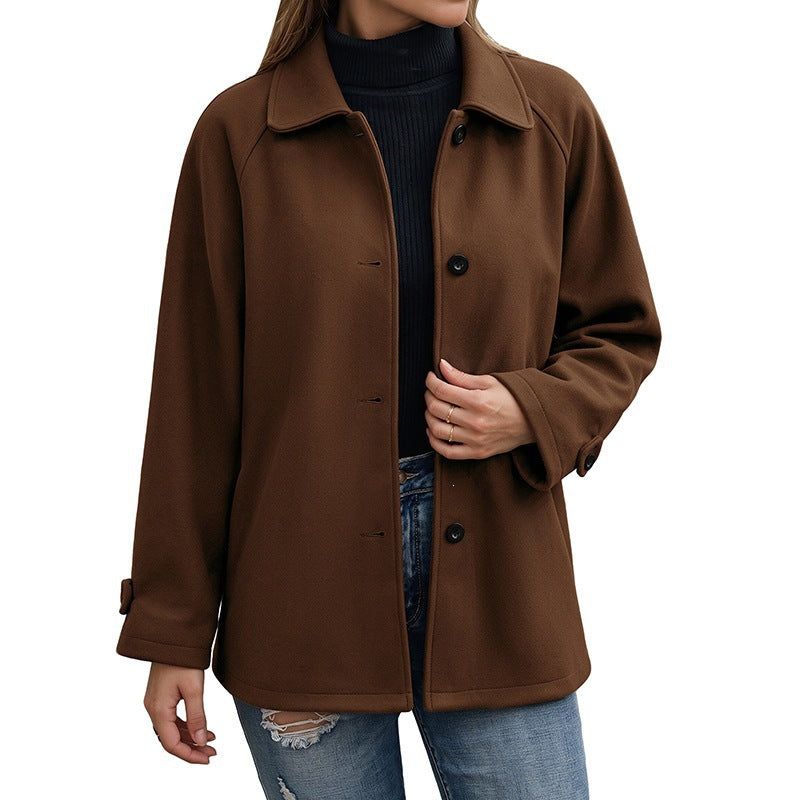 Veste mi-longue à col rabattu et boucle couleur unie femme