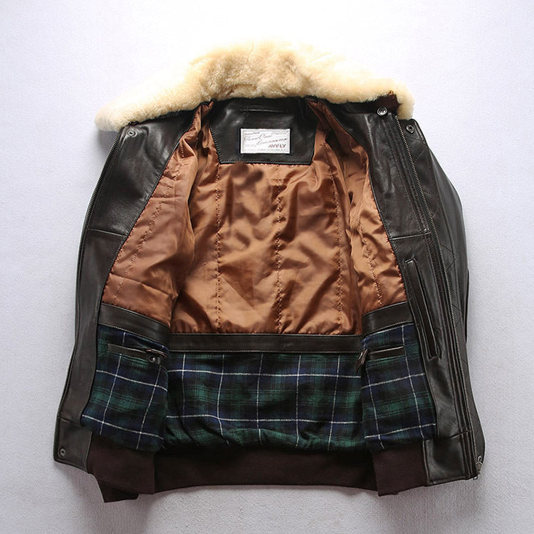 Blouson aviateur homme en cuir de mouton à col amovible