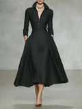 Robe midi à col V et manches longues, taille cintrée