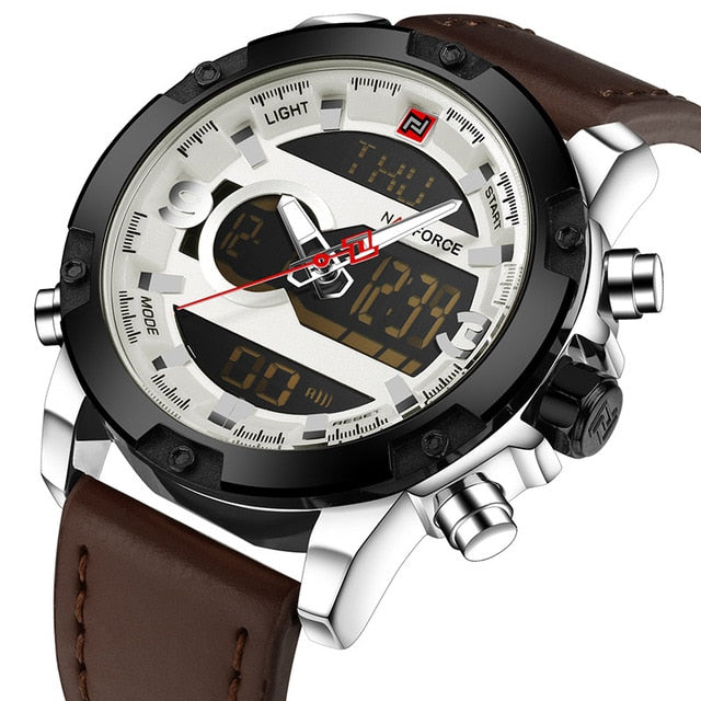 Naviforce Herrenuhr Ana-Digi Quarz — Lederarmband, Alarm, Chronograph, 46,5 mm