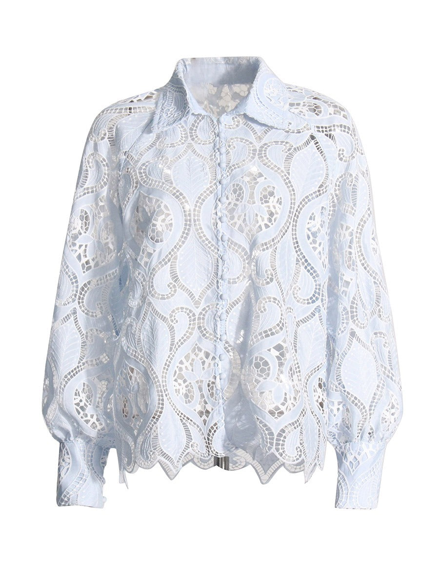 Chemise femme brodée ajourée à manches bouffantes