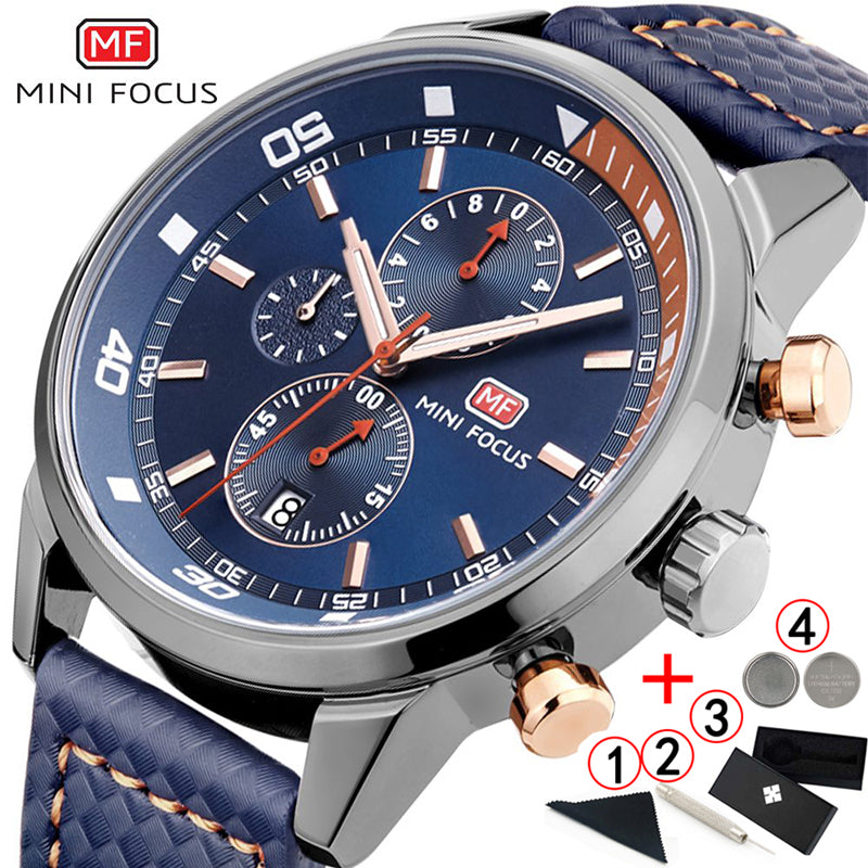 Montre Homme Chronographe Quartz Mini Focus — Bracelet Cuir Véritable, Étanche 30M, 41mm