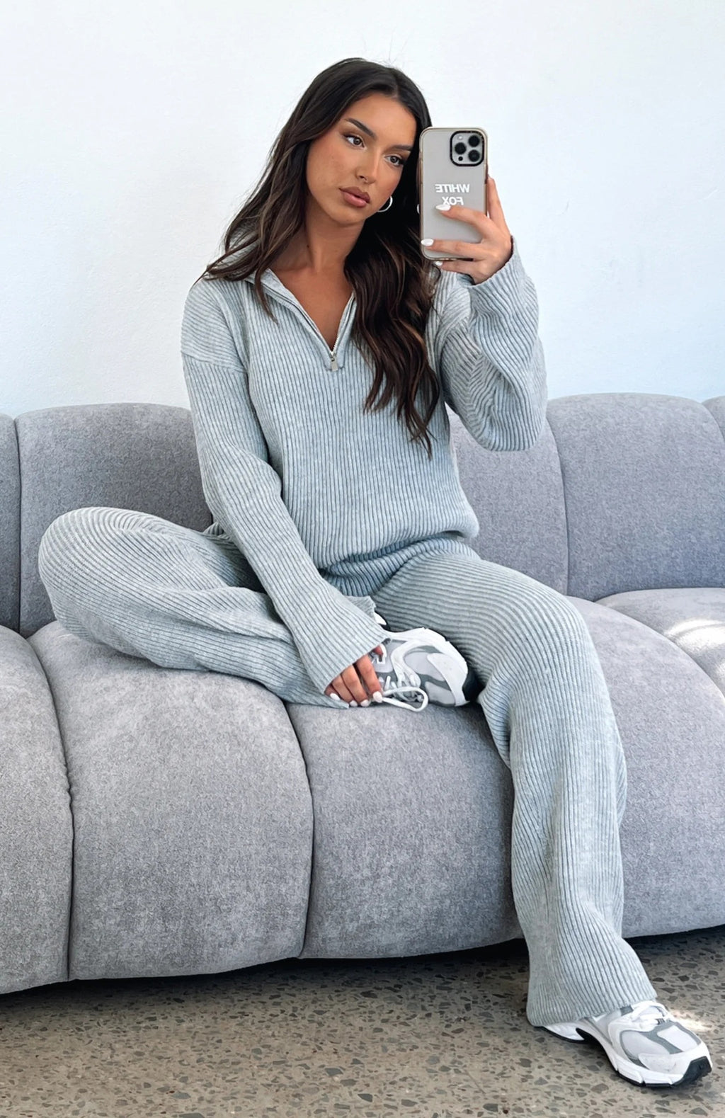 Ensemble 2 pièces femme en maille – Pull col rond manches ballon & pantalon long