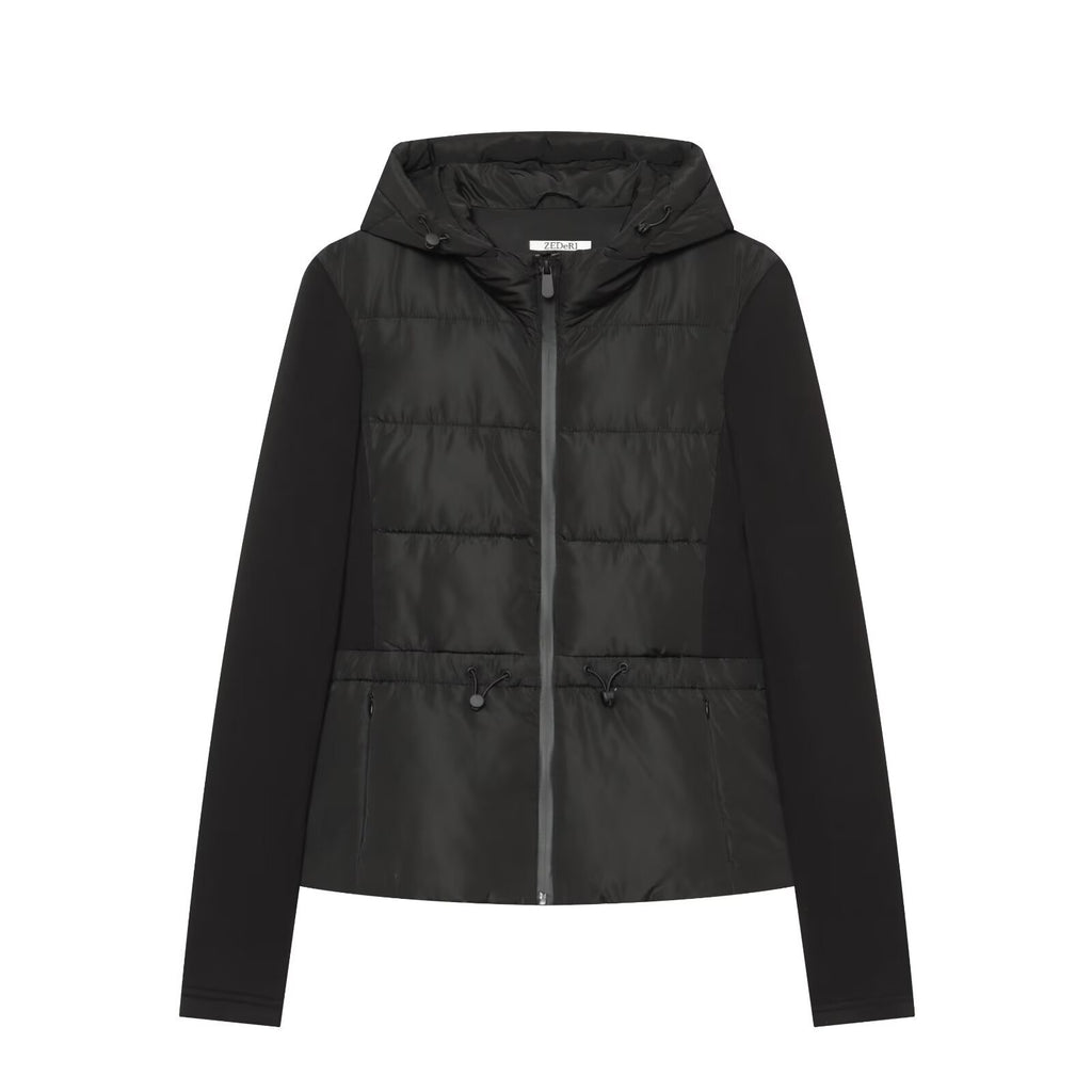 Veste femme noire à capuche et empiècements matelassés