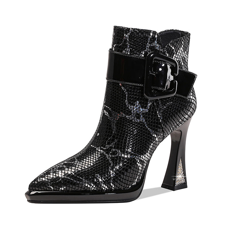 Damen-Stiefeletten aus echtem Leder, 10 cm Blockabsatz — spitz zulaufend, Gold & Silber, Abendmode