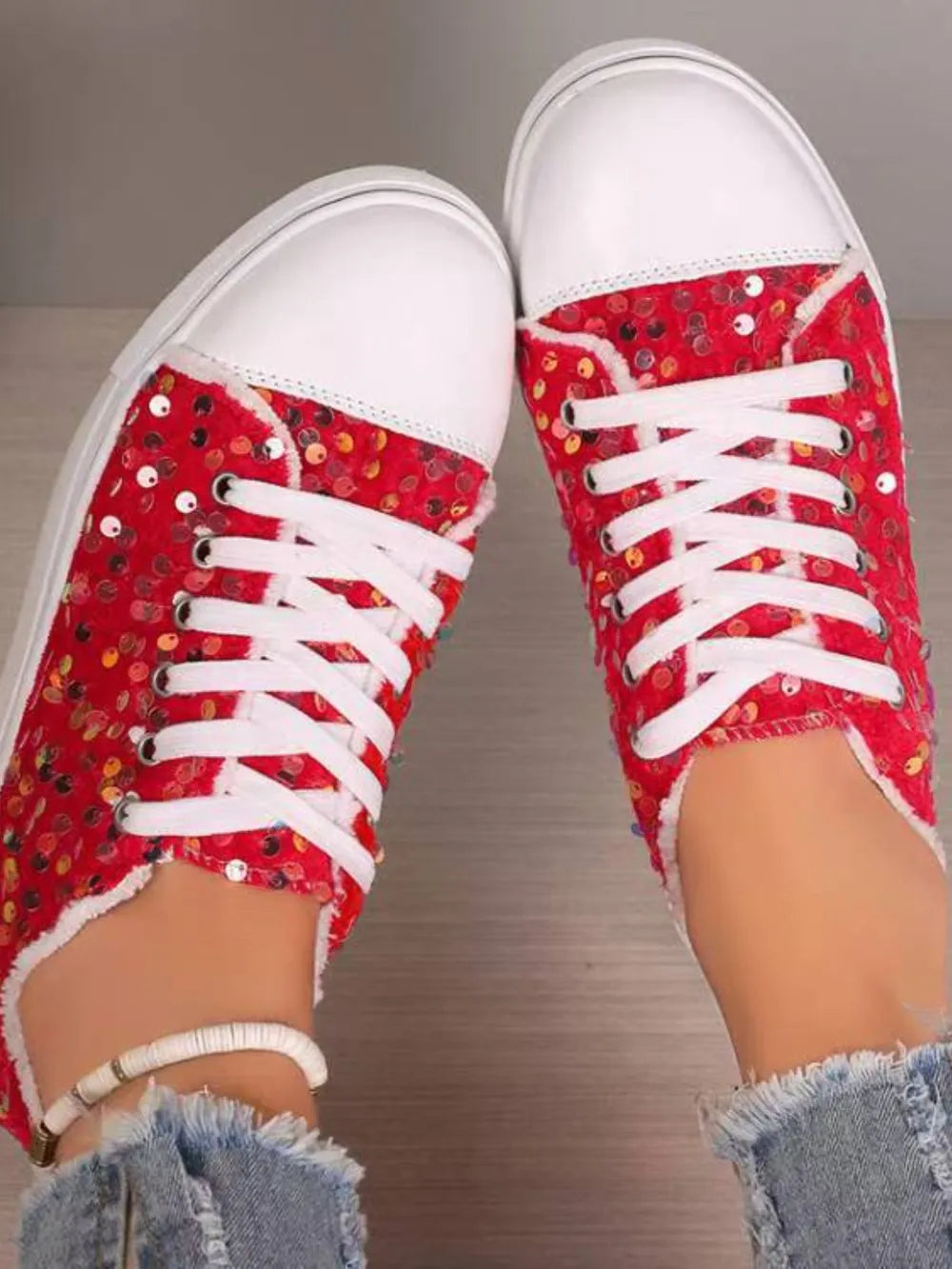 Flache Glitzer-Sneaker für Damen – Runde Kappe, Gummisohle, funkelnd