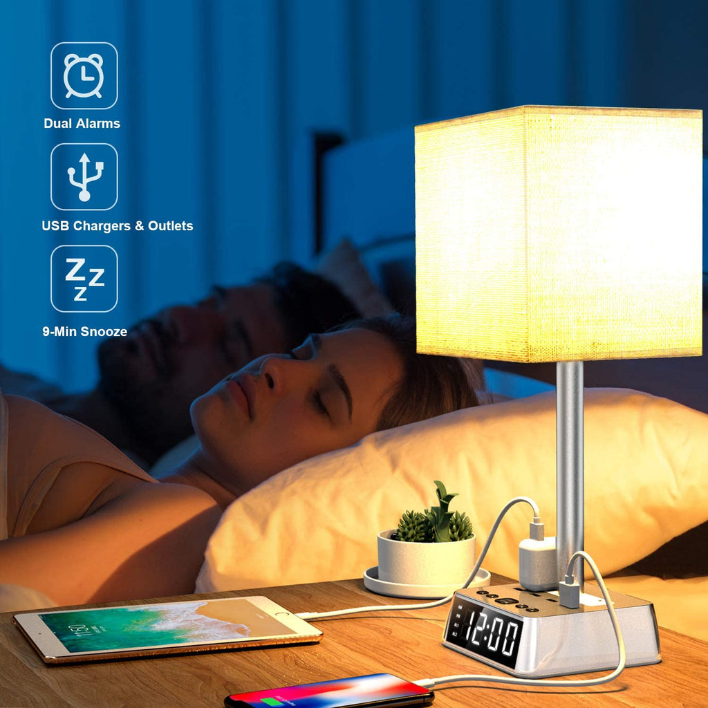 Lampe de Table avec Réveil Intégré, 4 Ports USB et Prises Secteur AC