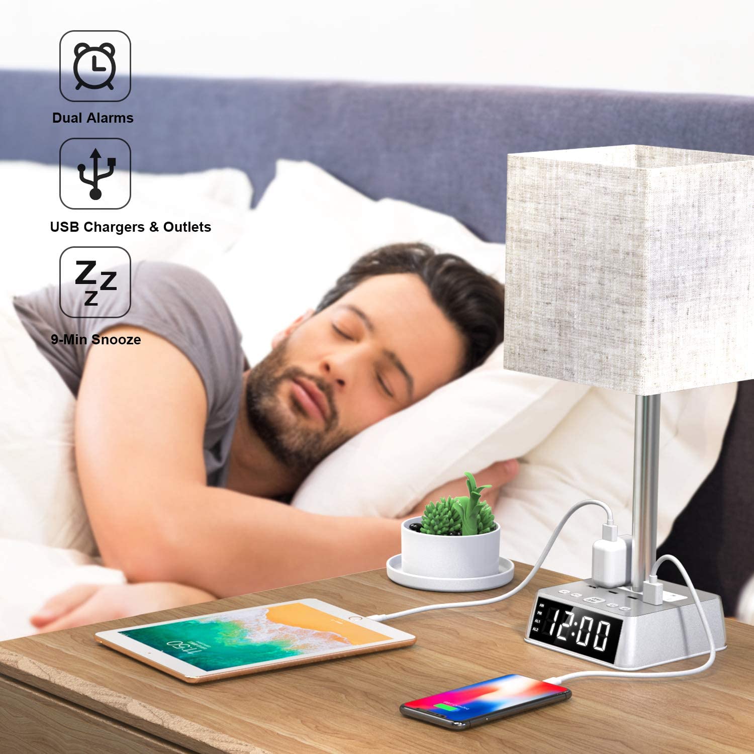 Lampe de Table avec Réveil Intégré, 4 Ports USB et Prises Secteur AC