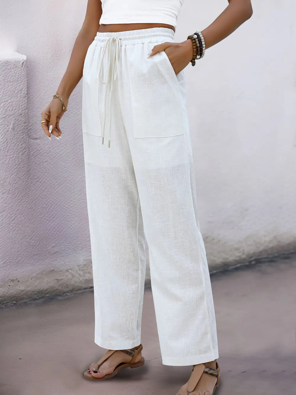Pantalon Femme Ample et Droit – Blanc, Cordon de Serrage