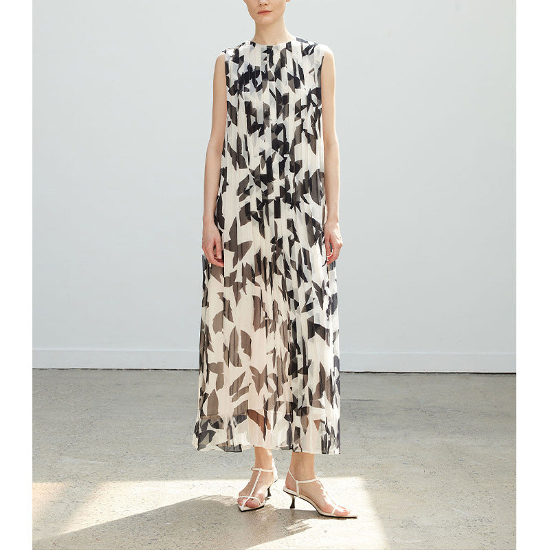Robe longue plissée haut de gamme sans manches à imprimé graphique noir et écru