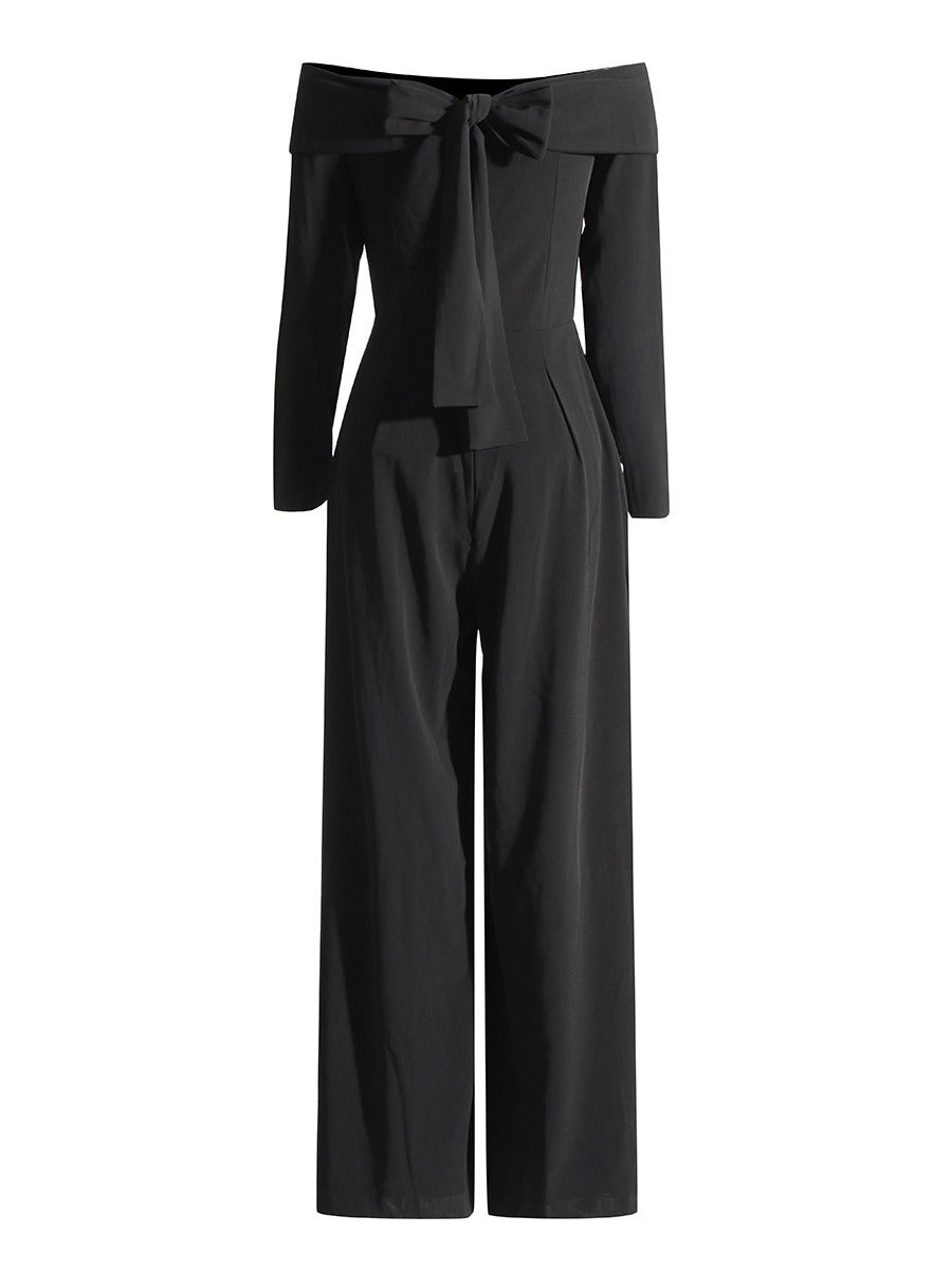 Autumn New Goddess Fan One Line Neck Bodysuit, Elegant High Waist, Slim and Slim, Wide Leg Pants