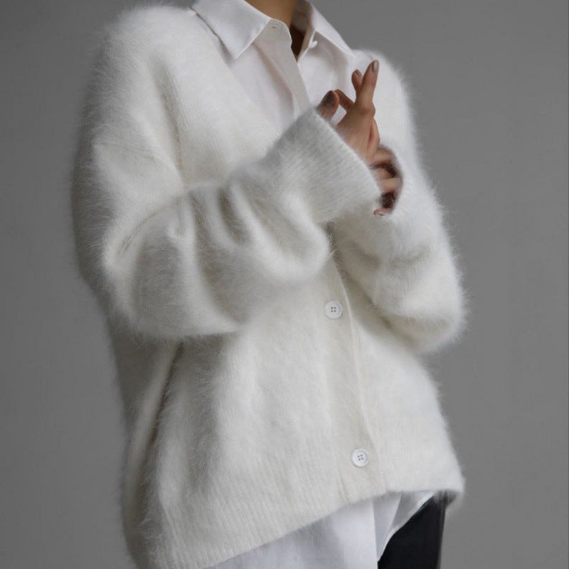 Damen-Cardigan mit V-Ausschnitt, Webpelz in Nerzoptik, locker geschnitten, 6 Farben