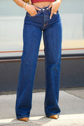 Jean droit basique lavé – Style street américain, Mi-taille, Bleu foncé