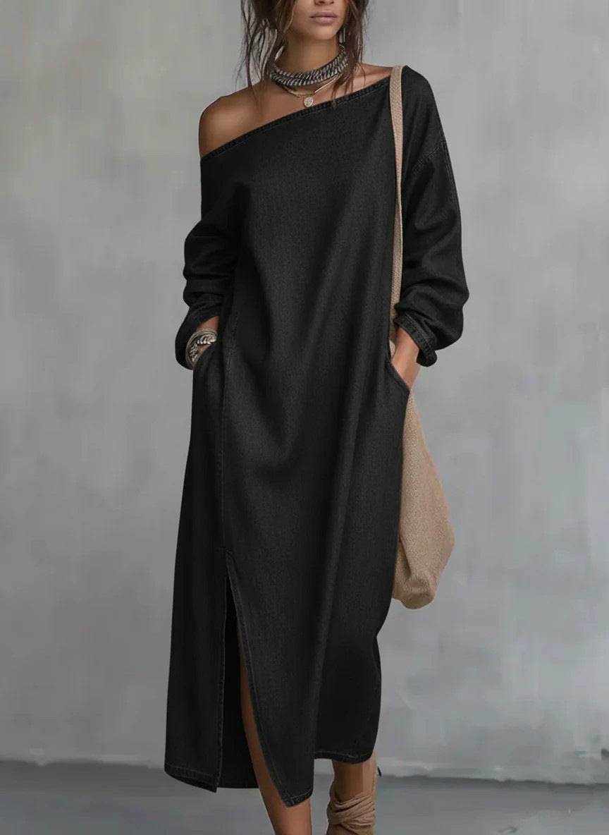 Robe longue asymétrique à manches longues et boutons