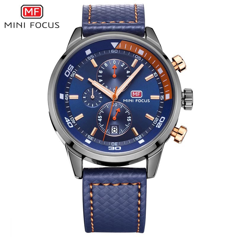 Mini Focus Herren-Chronograph Quarzuhr — Armband aus echtem Leder, 30m wasserdicht, 41mm
