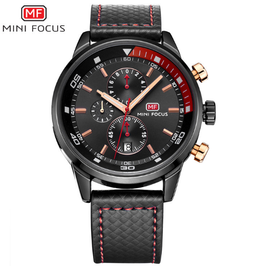 Mini Focus Herren-Chronograph Quarzuhr — Armband aus echtem Leder, 30m wasserdicht, 41mm