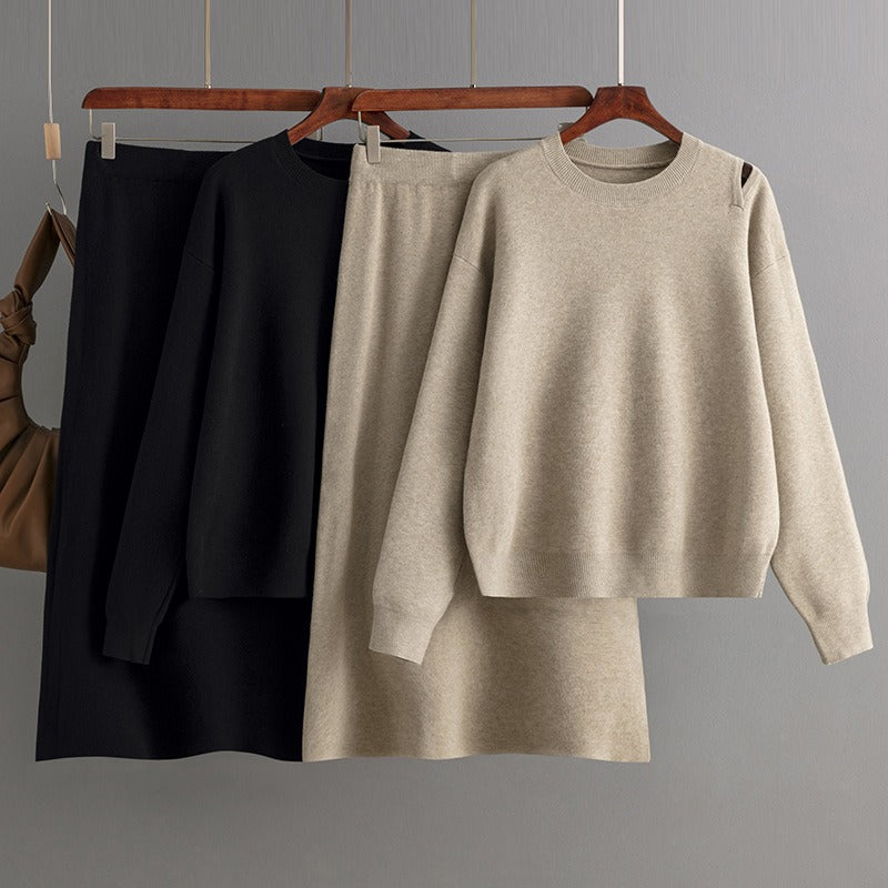 Ensemble femme en maille – Pull et jupe midi fendue