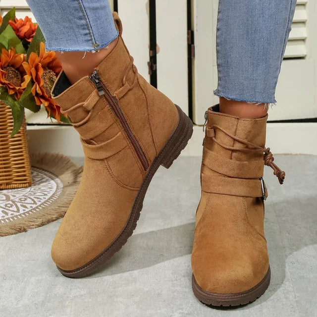 Chelsea Boots Femme – Suède, Talon Épais, Boucle Ceinture, Automne Hiver