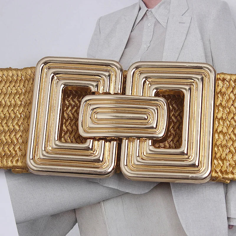 Ceinture large élastique femme à boucle géométrique dorée