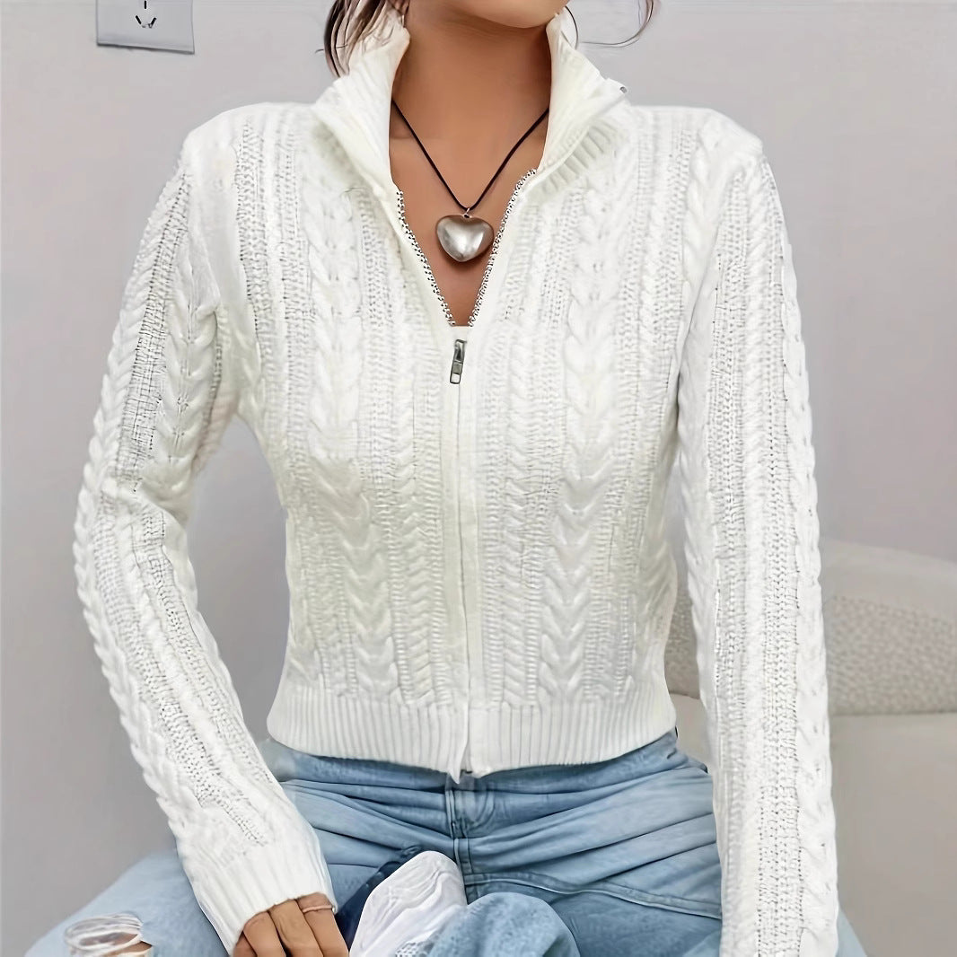 Damen-Strickjacke mit Reißverschluss, Stehkragen und langen Ärmeln