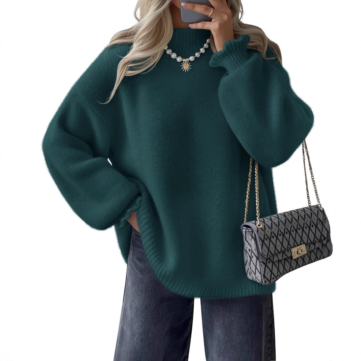 Einfarbiger Damen-Rollkragenpullover im lässigen Stil – lange Ärmel.