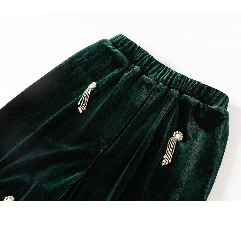 Tailleur femme en velours à ornements, veste ceinturée et pantalon large