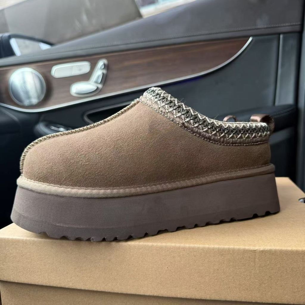 Chaussures Fourrées Femme Style Ethnique Tressé – Cuir, Laine, Slip-On, Hiver