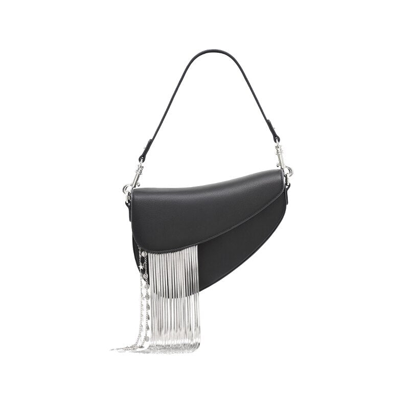 Sac femme en cuir noir asymétrique à franges argentées