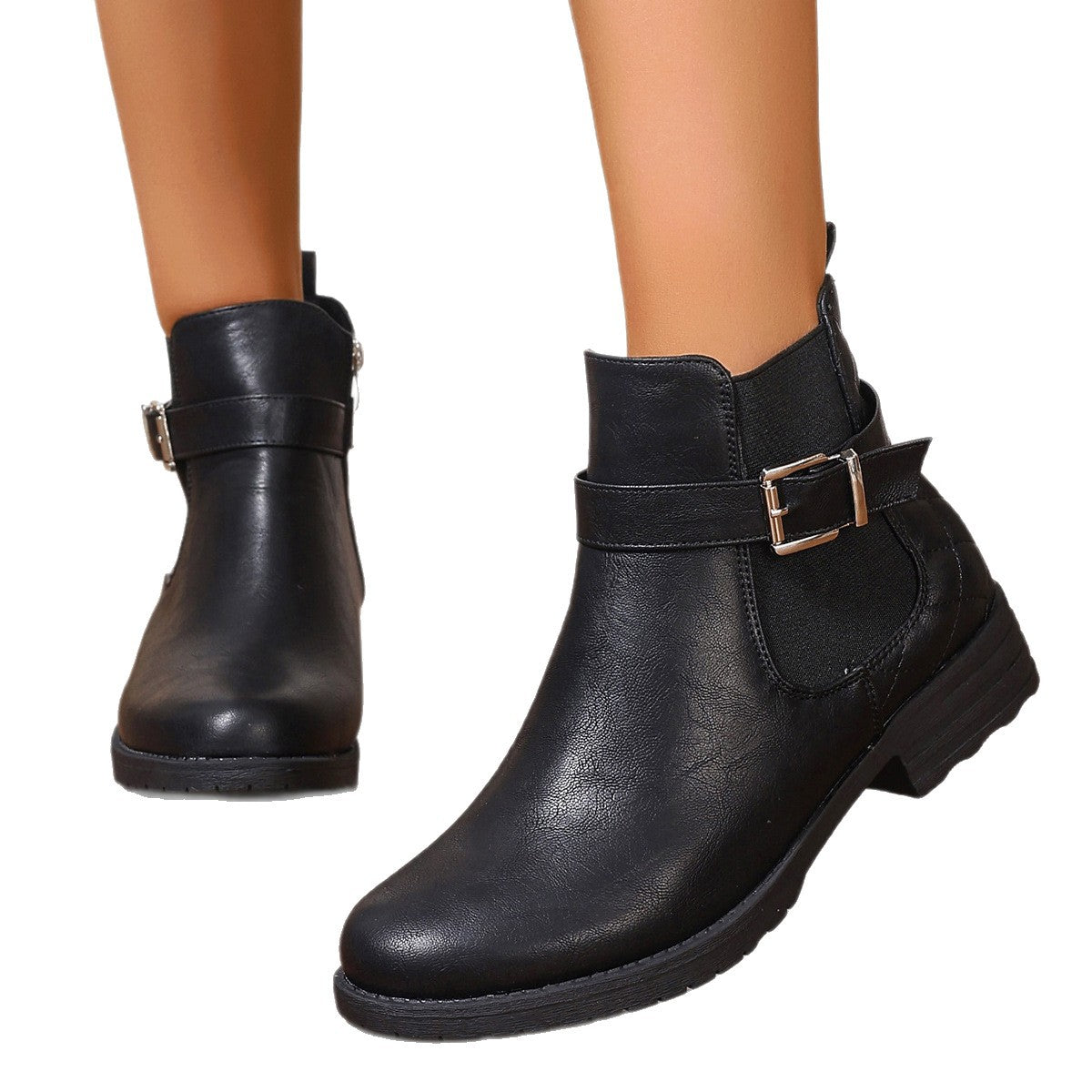 Bottines Courtes Femme Automne Hiver – Talon Bas Confortable, Boucle, Cuir Carreauté