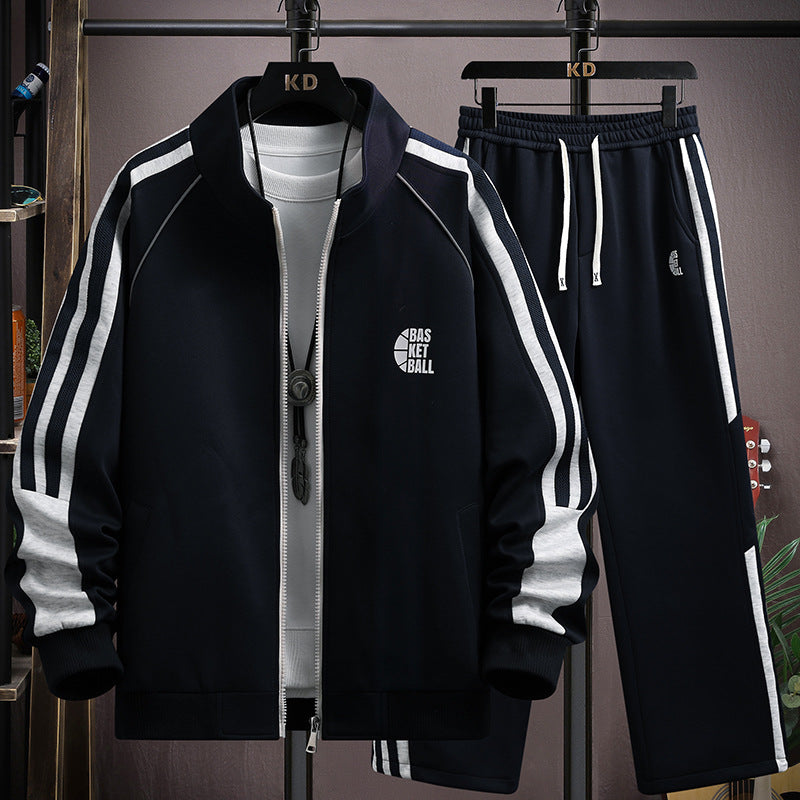 Ensemble homme veste zippée à col montant et pantalon à bandes