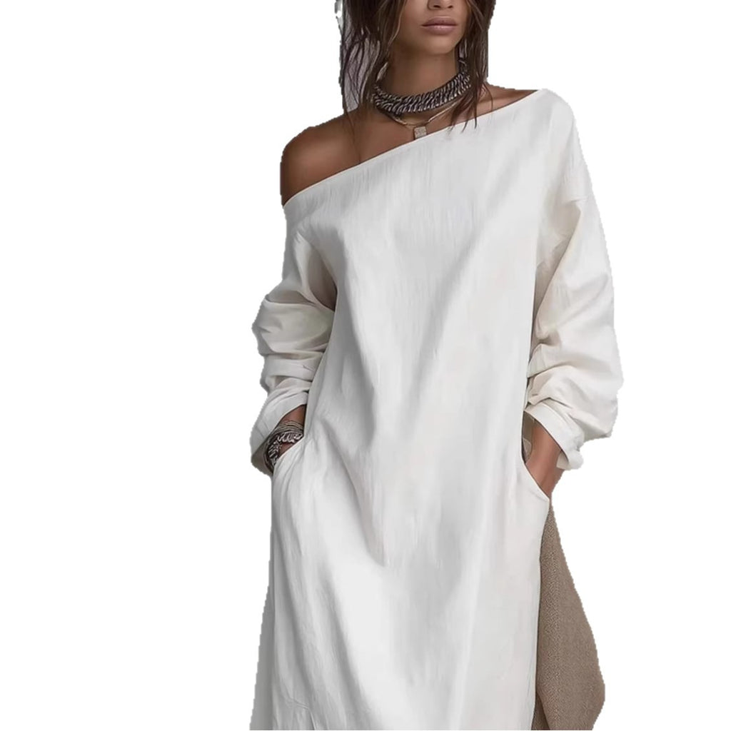 Robe longue asymétrique à manches longues et boutons