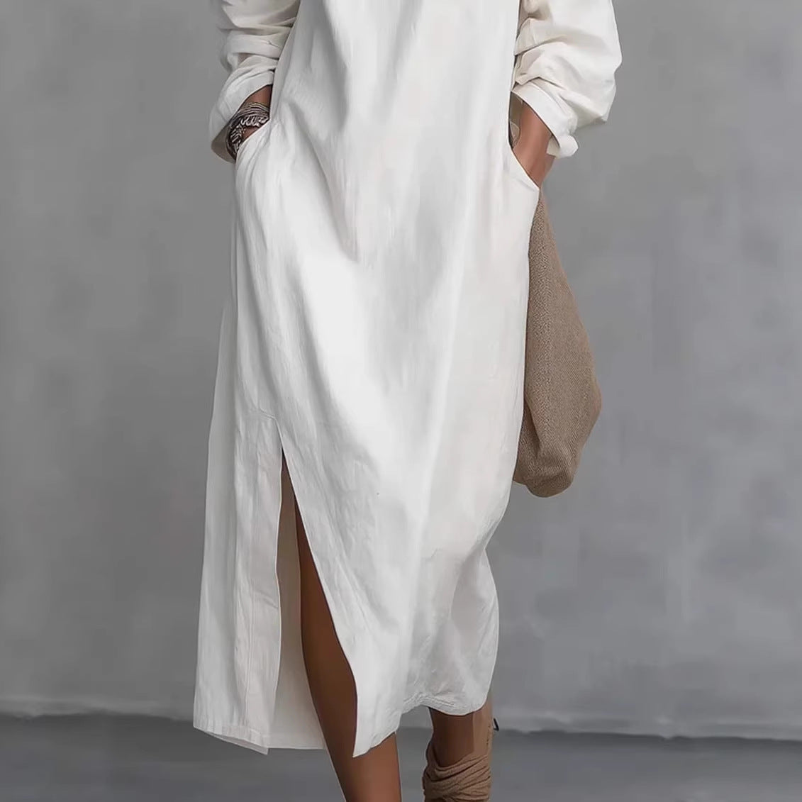 Robe longue asymétrique à manches longues et boutons