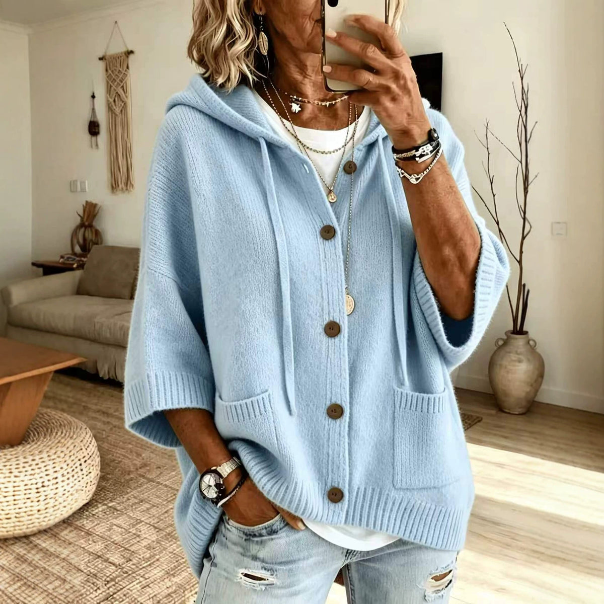 Einfarbige Damen-Kapuzenstrickjacke – Große Größen & 9 Farben