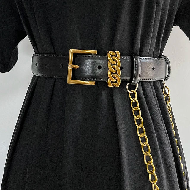 Ceinture femme en cuir avec chaîne dorée