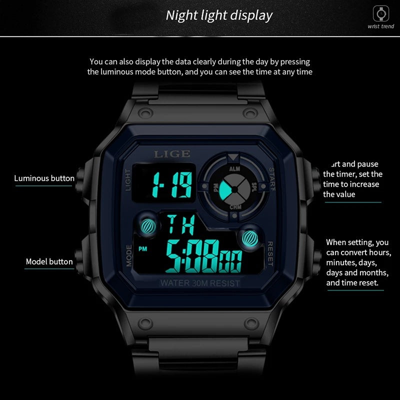 LIGE Elektronische Herrenuhr – Leuchtend, Chronograph & Wasserdichter Alarm 30M