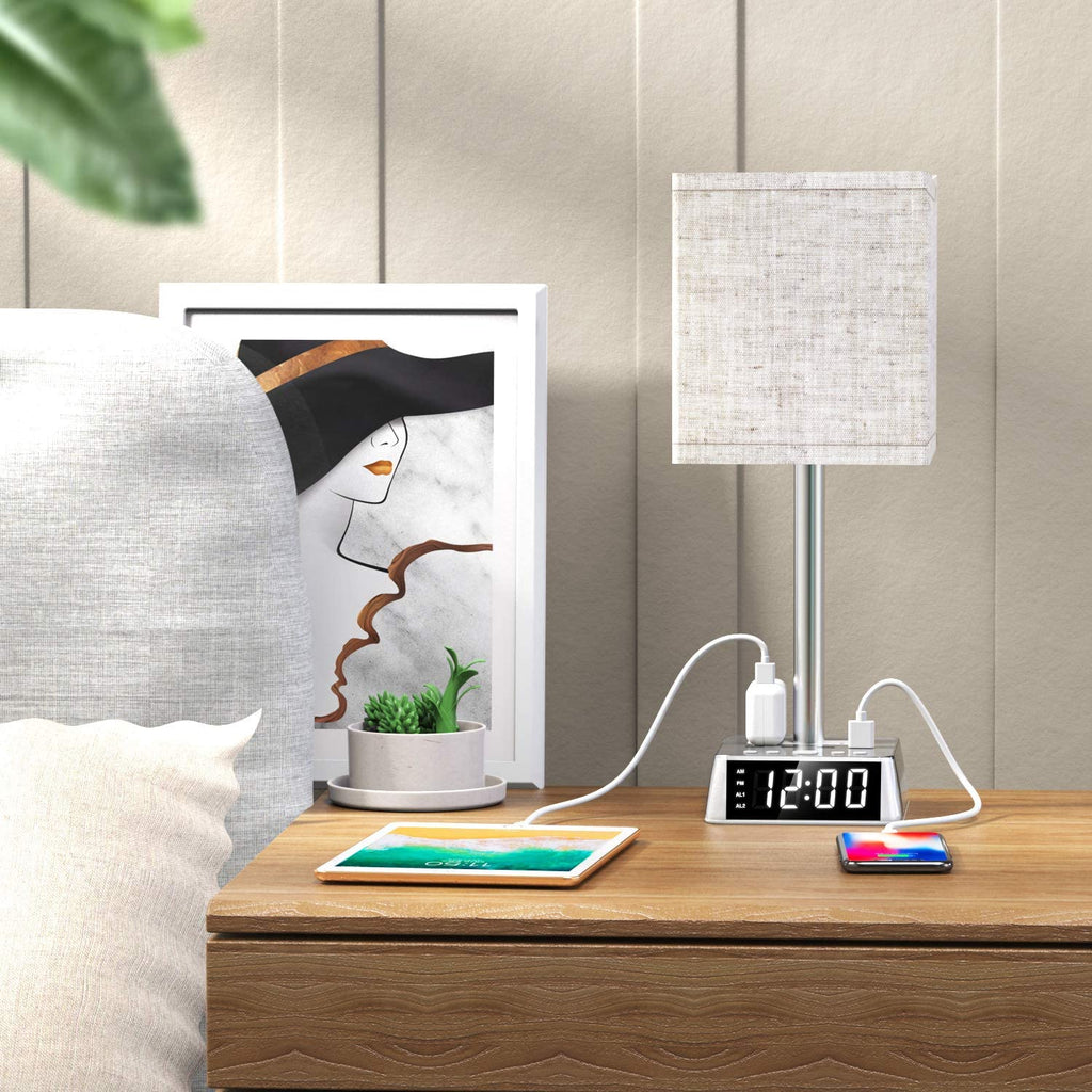 Lampe de Table avec Réveil Intégré, 4 Ports USB et Prises Secteur AC