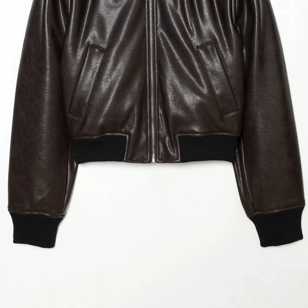 Blouson bomber femme effet simili cuir marron foncé