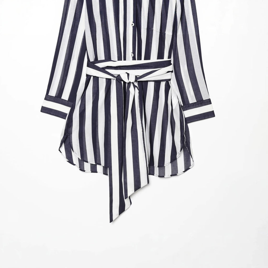 Chemise longue femme à rayures et ceinture à nouer