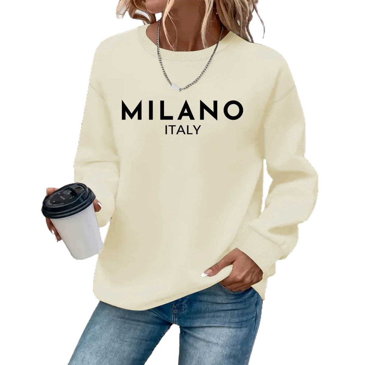 Sweat femme en coton à col rond imprimé MILANO ITALY