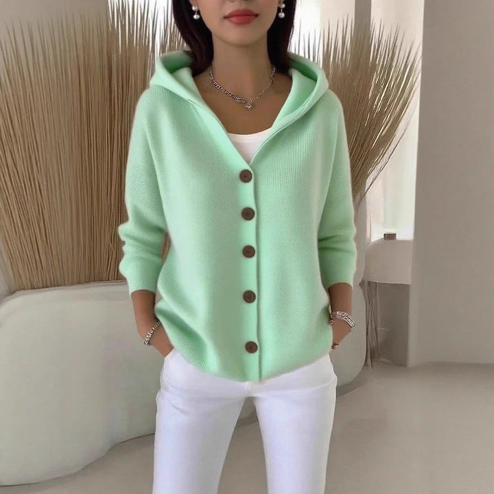 Damen-Strickjacke mit Kapuze, geknöpft, Kaschmir, große Größen, 9 Farben