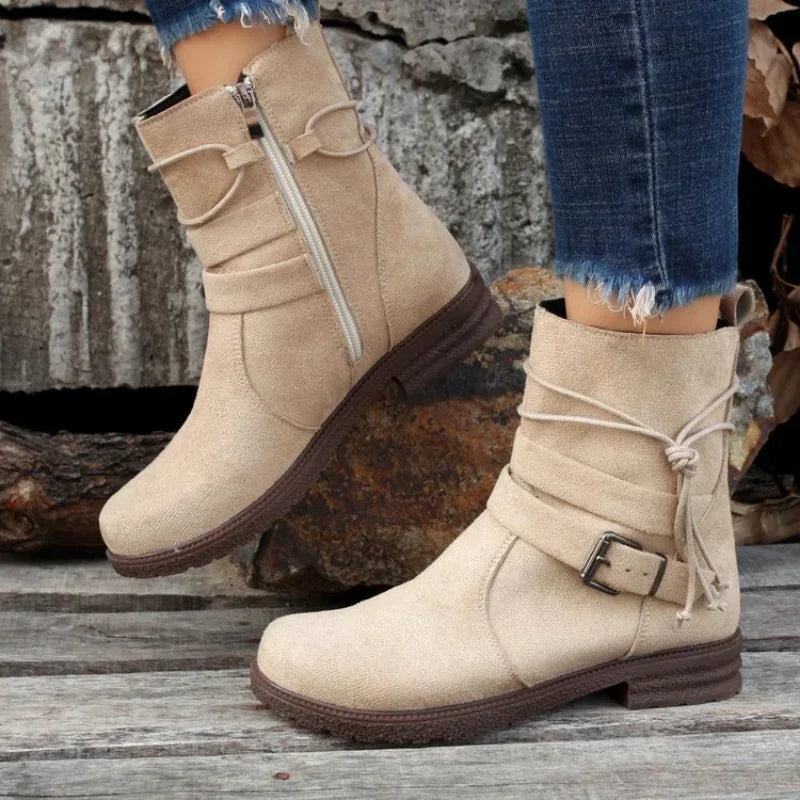 Chelsea Boots Femme – Suède, Talon Épais, Boucle Ceinture, Automne Hiver