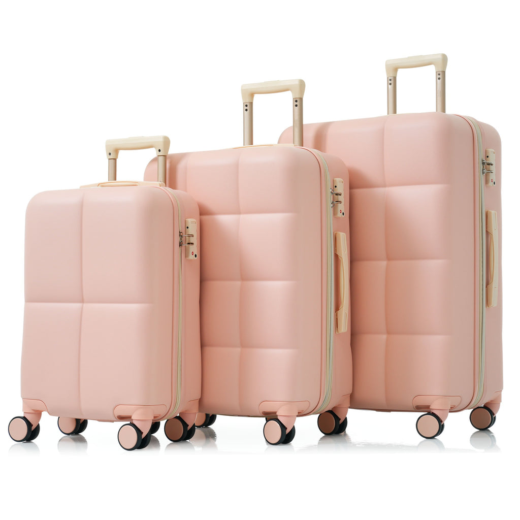 Set de 3 Valises Rigides Rose en ABS – Port USB, Porte-Gobelet et Roulettes 360°