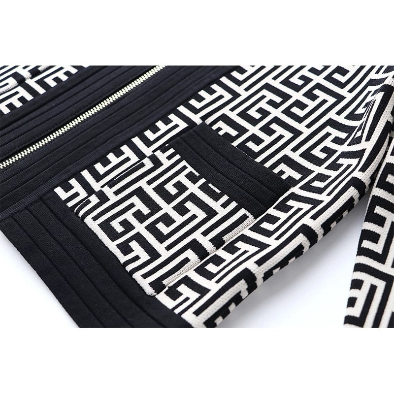 Ensemble femme veste zippée et jupe en maille à motifs noir et blanc