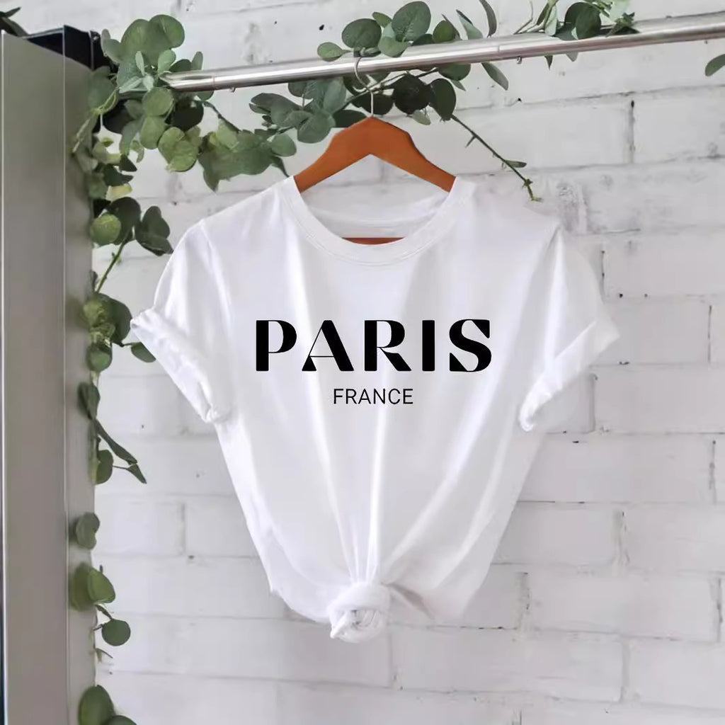 T-shirt femme « Paris France » en coton à col rond