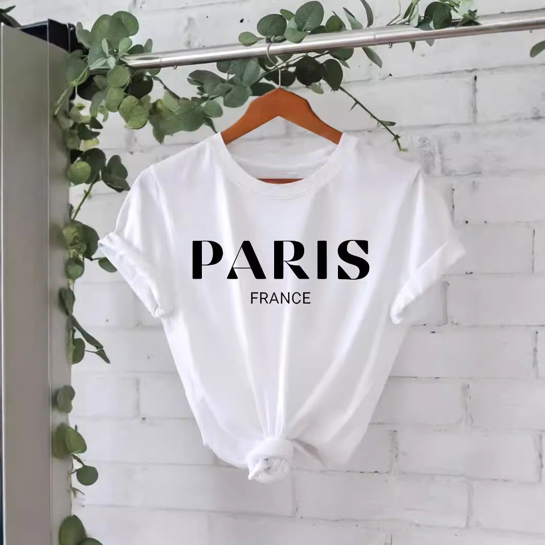 T-shirt femme « Paris France » en coton à col rond