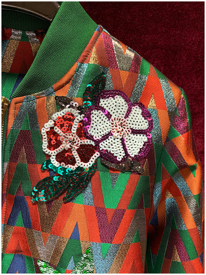 Bomber femme multicolore en jacquard à écussons fantaisie