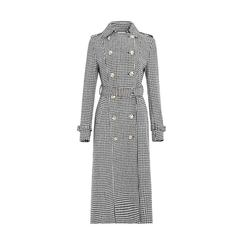 Manteau long femme pied-de-poule en mélange de laine